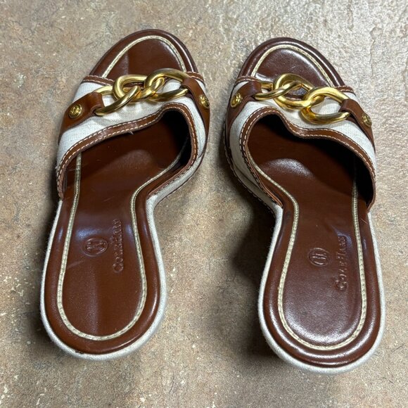 Worn 1X Cole Haan Kina Wedge Sandals Natural Linen Gold Accent Slides Size 8 B - Picture 9 of 16